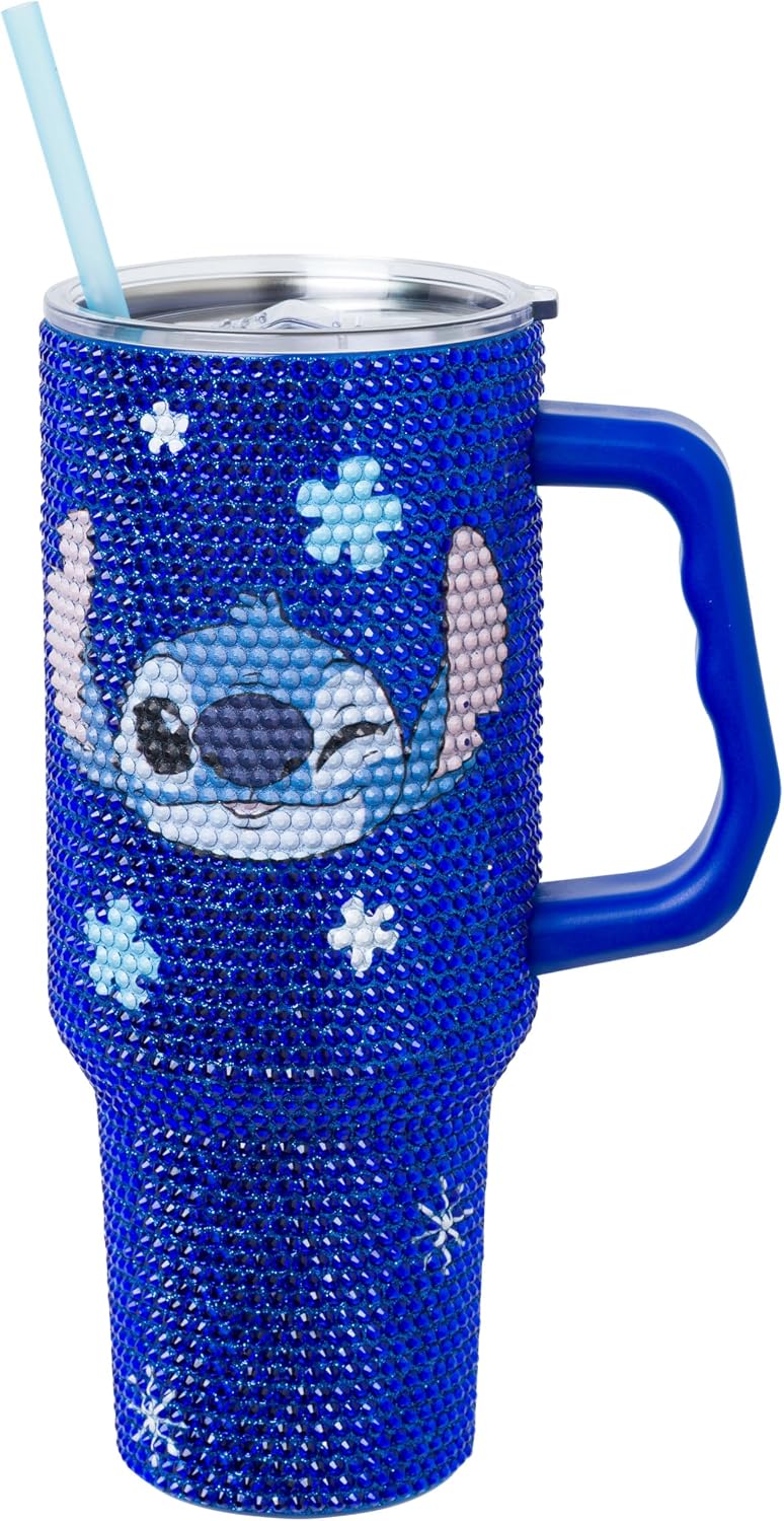 Lilo and Stitch Wink Face, Stainless Steel Tumbler, 40oz | Make Some Waves, Rhinestone, Disney, Double Walled, Includes Handle and Straw, Fits in Cup Holder, 1.18 Liters - Colors B