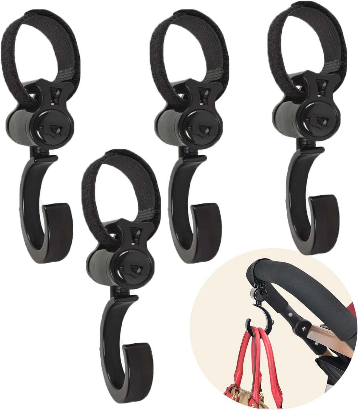 4pcs Stroller Hooks, Walker Hooks Wheelchair Hanging Hooks, 360° Rotation Baby Stroller Hooks Stroller Hanger Diaper Bag Hanger Stroller Bags Purse Organizer Stroller Wheelchair Walker Accessories.