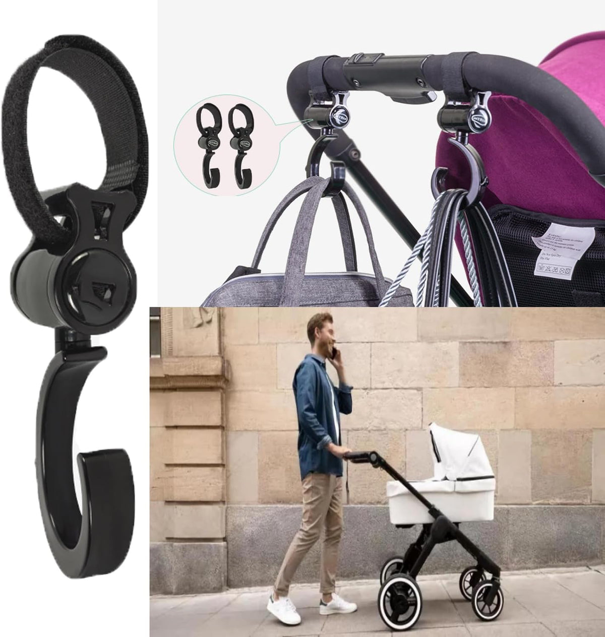 4pcs Stroller Hooks, Walker Hooks Wheelchair Hanging Hooks, 360° Rotation Baby Stroller Hooks Stroller Hanger Diaper Bag Hanger Stroller Bags Purse Organizer Stroller Wheelchair Walker Accessories.