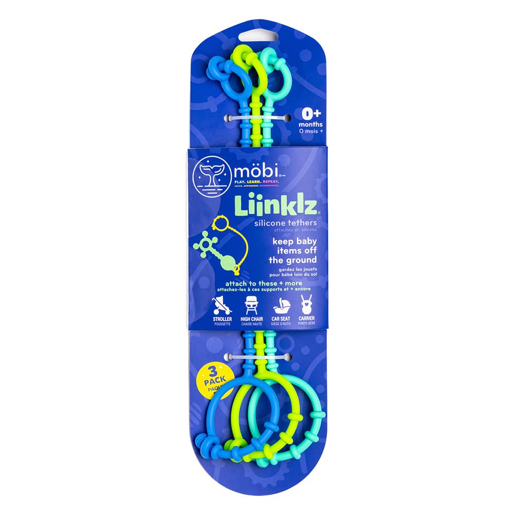Mobi Liinklz Silicone Security Straps for Car Seats and High Chairs - Flexible, Soft Universal Toy Holder, Easy-Clean Utility Straps, Cool Colors (3 Pack)