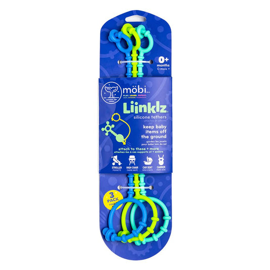 Mobi Liinklz Silicone Security Straps for Car Seats and High Chairs - Flexible, Soft Universal Toy Holder, Easy-Clean Utility Straps, Cool Colors (3 Pack)