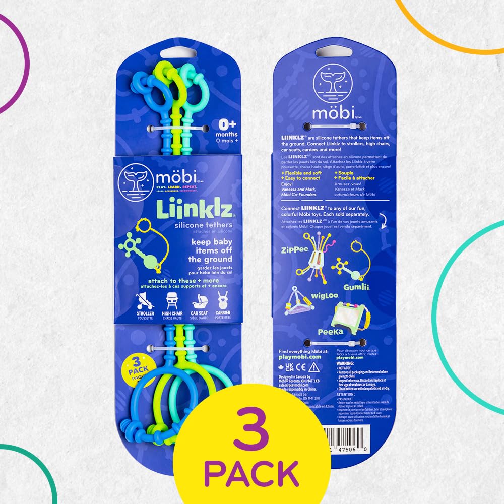 Mobi Liinklz Silicone Security Straps for Car Seats and High Chairs - Flexible, Soft Universal Toy Holder, Easy-Clean Utility Straps, Cool Colors (3 Pack)