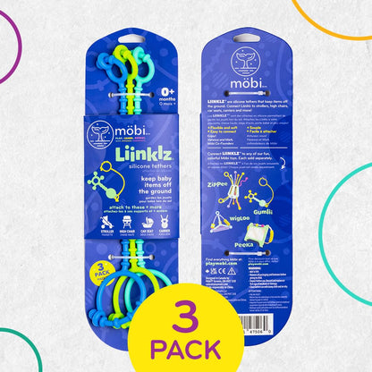 Mobi Liinklz Silicone Security Straps for Car Seats and High Chairs - Flexible, Soft Universal Toy Holder, Easy-Clean Utility Straps, Cool Colors (3 Pack)