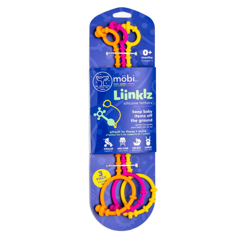 Mobi Liinklz Silicone Security Straps for Car Seats and High Chairs - Flexible, Soft Universal Toy Holder, Easy-Clean Utility Straps, Cool Colors (3 Pack)