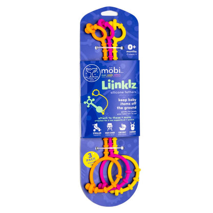 Mobi Liinklz Silicone Security Straps for Car Seats and High Chairs - Flexible, Soft Universal Toy Holder, Easy-Clean Utility Straps, Cool Colors (3 Pack)