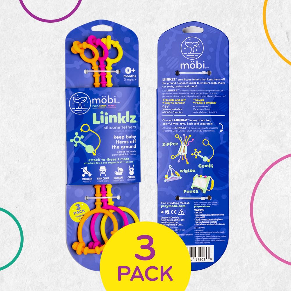 Mobi Liinklz Silicone Security Straps for Car Seats and High Chairs - Flexible, Soft Universal Toy Holder, Easy-Clean Utility Straps, Cool Colors (3 Pack)