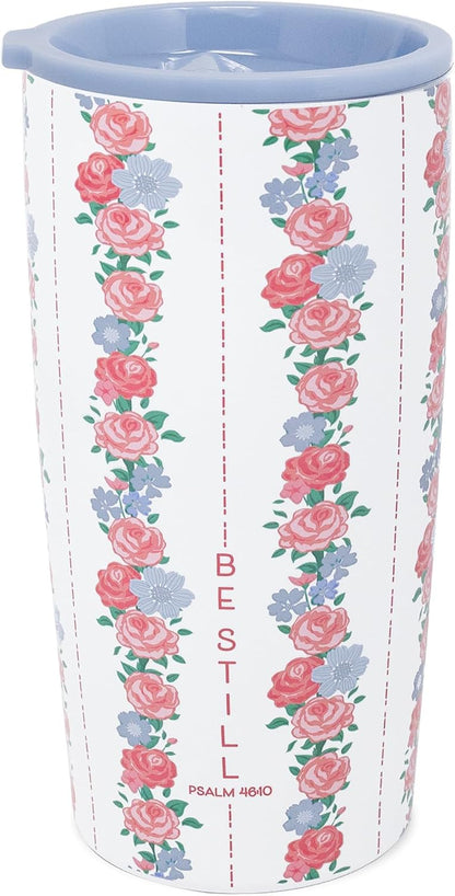 STEEL MILL AND CO. 20 oz Stainless Steel Tumbler, Insulated Faith Based Floral Design Travel Mug with Acrylic Slider Lid, Double Wall Coffee Cup for Hot & Cold Drinks (Be Still) | Insulated Faith Based Design Travel Mug with Acrylic Slider Lid, Double
