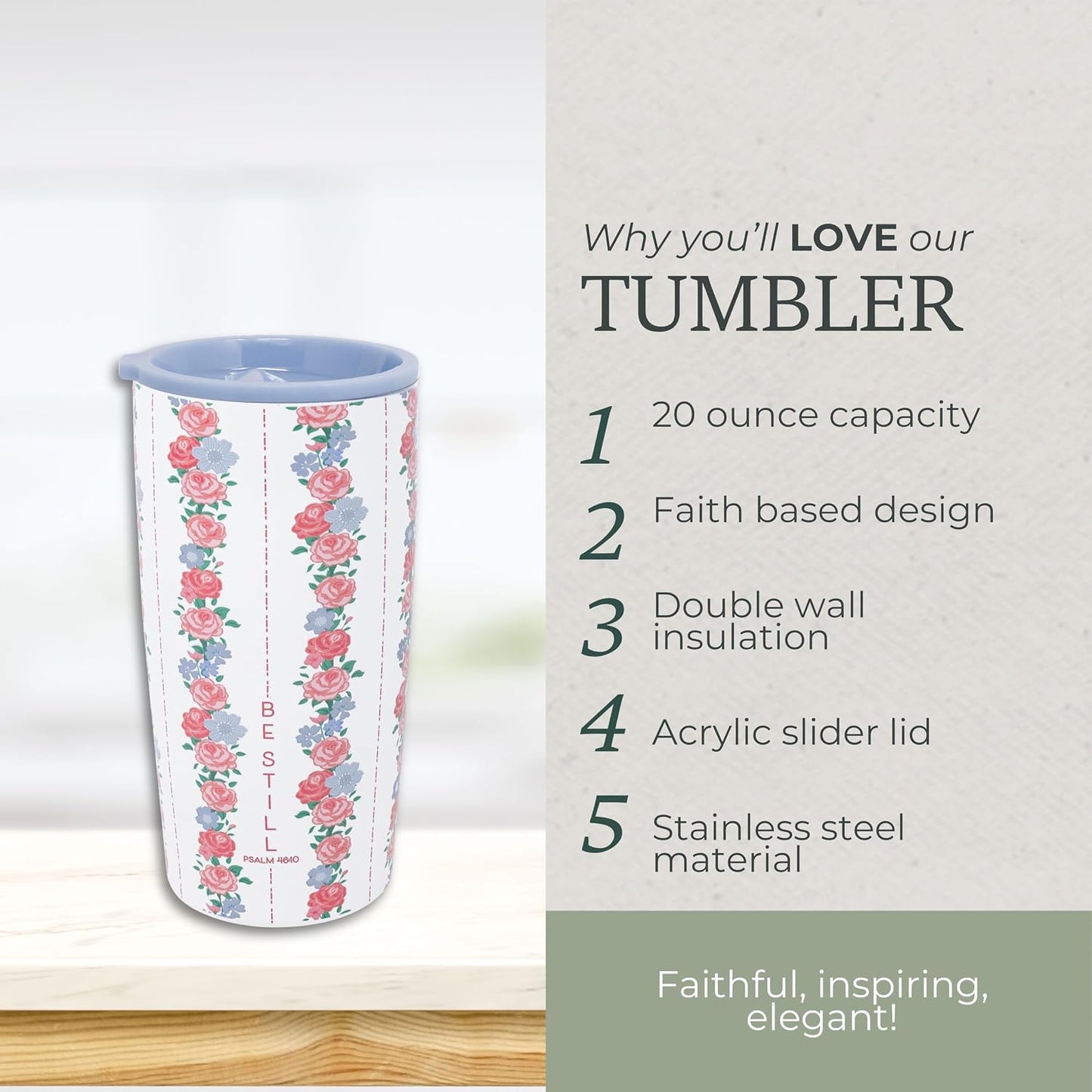 STEEL MILL AND CO. 20 oz Stainless Steel Tumbler, Insulated Faith Based Floral Design Travel Mug with Acrylic Slider Lid, Double Wall Coffee Cup for Hot & Cold Drinks (Be Still) | Insulated Faith Based Design Travel Mug with Acrylic Slider Lid, Double