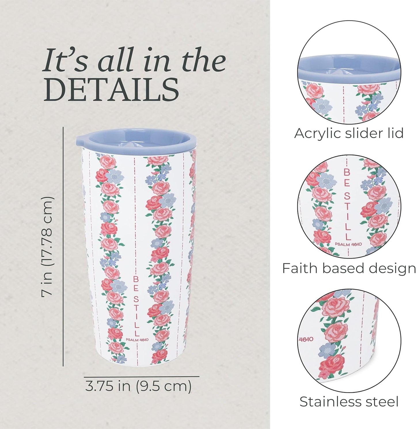 STEEL MILL AND CO. 20 oz Stainless Steel Tumbler, Insulated Faith Based Floral Design Travel Mug with Acrylic Slider Lid, Double Wall Coffee Cup for Hot & Cold Drinks (Be Still) | Insulated Faith Based Design Travel Mug with Acrylic Slider Lid, Double