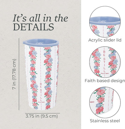 STEEL MILL AND CO. 20 oz Stainless Steel Tumbler, Insulated Faith Based Floral Design Travel Mug with Acrylic Slider Lid, Double Wall Coffee Cup for Hot & Cold Drinks (Be Still) | Insulated Faith Based Design Travel Mug with Acrylic Slider Lid, Double