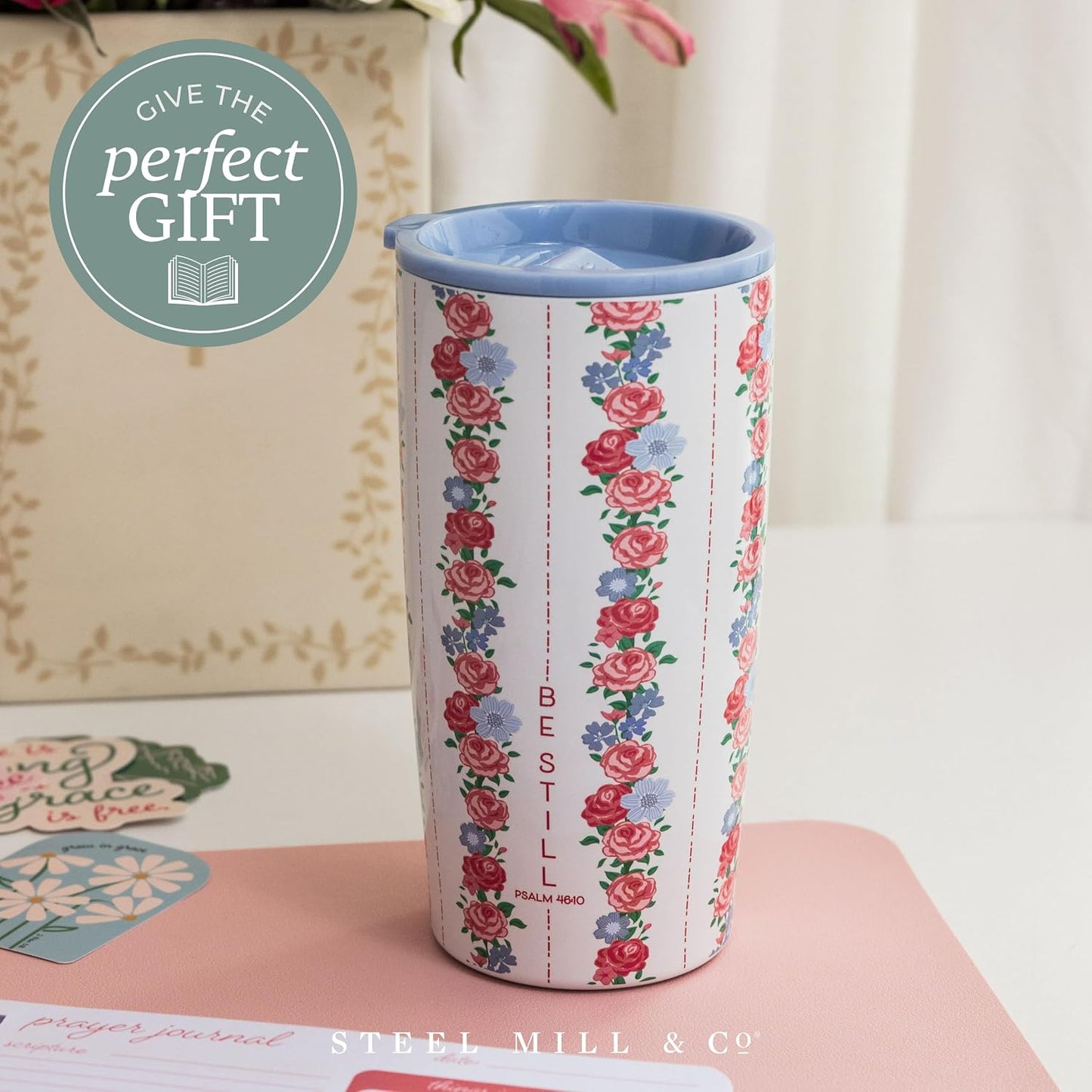 STEEL MILL AND CO. 20 oz Stainless Steel Tumbler, Insulated Faith Based Floral Design Travel Mug with Acrylic Slider Lid, Double Wall Coffee Cup for Hot & Cold Drinks (Be Still) | Insulated Faith Based Design Travel Mug with Acrylic Slider Lid, Double
