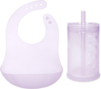 Silicone Training Cup with Straw Lid Bundle 9oz Lilac Fold N Go Silicone Baby Bib w Travel Case (Lilac)