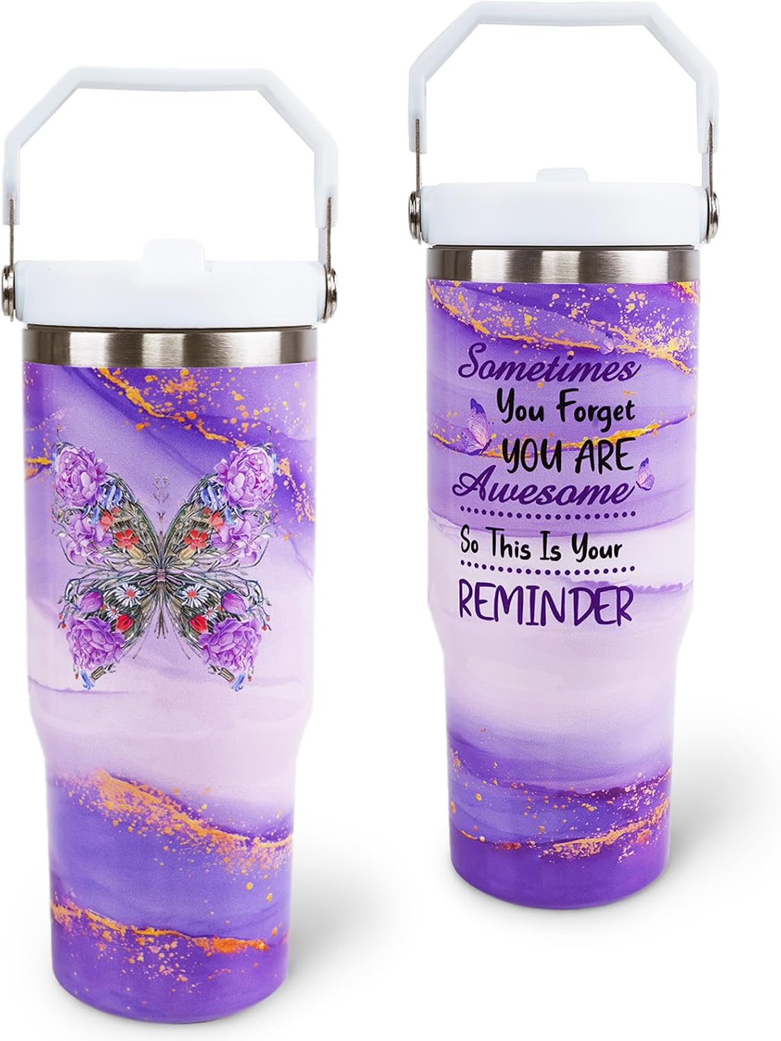 Butterfly 30 OZ Tumbler with Handle Flip Straw Lid Leak Proof | 30oz Butterfly Travel Coffee Mug Christmas Mothers Day Birthday Gifts for Women Lovers 30 Ounce Cup