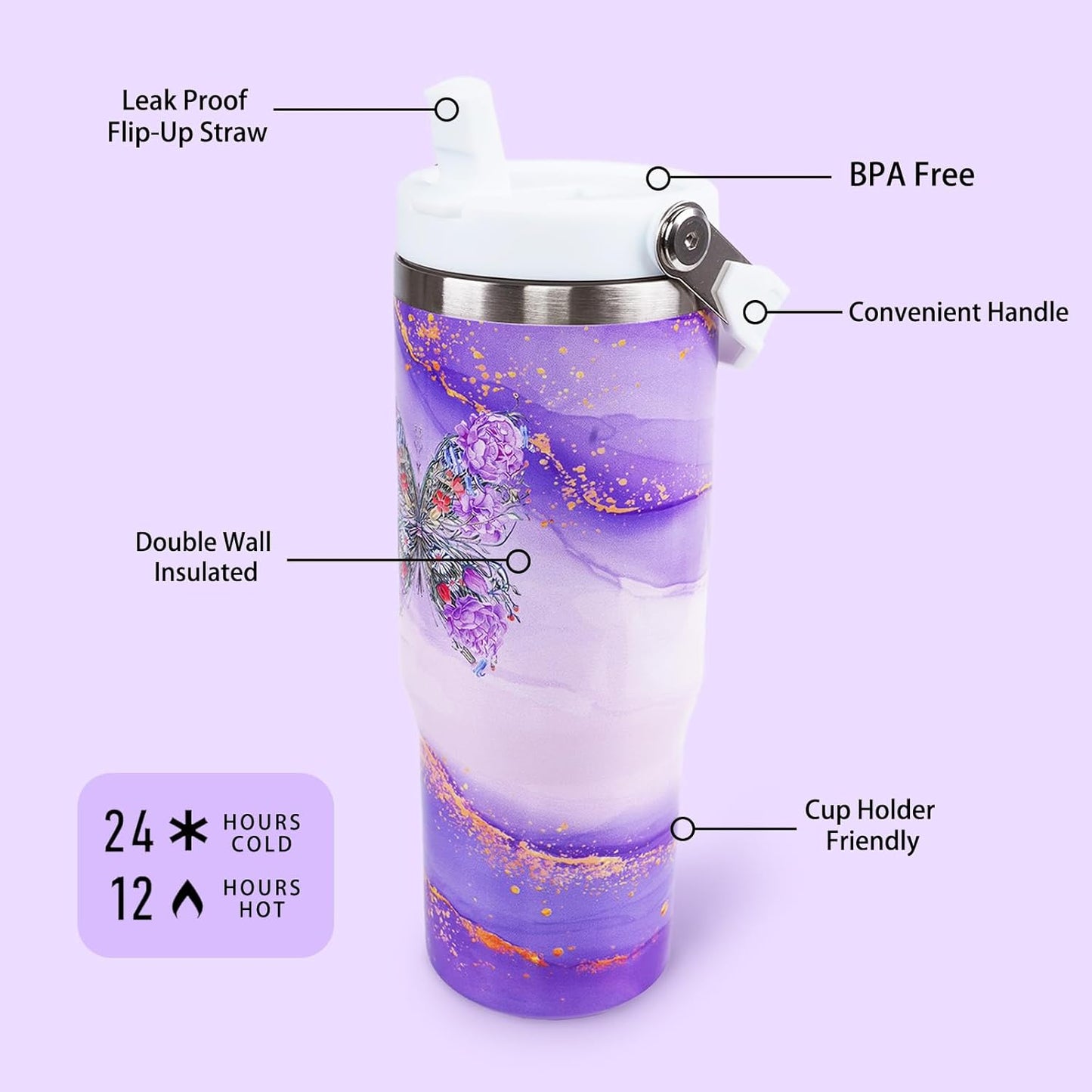 Butterfly 30 OZ Tumbler with Handle Flip Straw Lid Leak Proof | 30oz Butterfly Travel Coffee Mug Christmas Mothers Day Birthday Gifts for Women Lovers 30 Ounce Cup