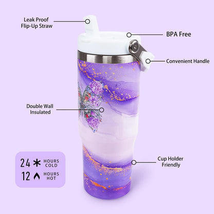 Butterfly 30 OZ Tumbler with Handle Flip Straw Lid Leak Proof | 30oz Butterfly Travel Coffee Mug Christmas Mothers Day Birthday Gifts for Women Lovers 30 Ounce Cup