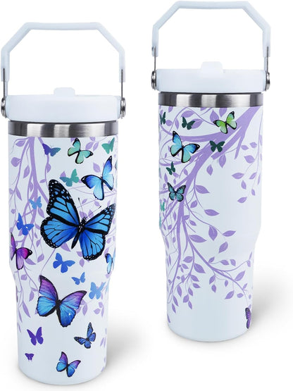 Butterfly 30 OZ Tumbler with Handle Flip Straw Lid Leak Proof | 30oz Butterfly Travel Coffee Mug Christmas Mothers Day Birthday Gifts for Women Lovers 30 Ounce Cup