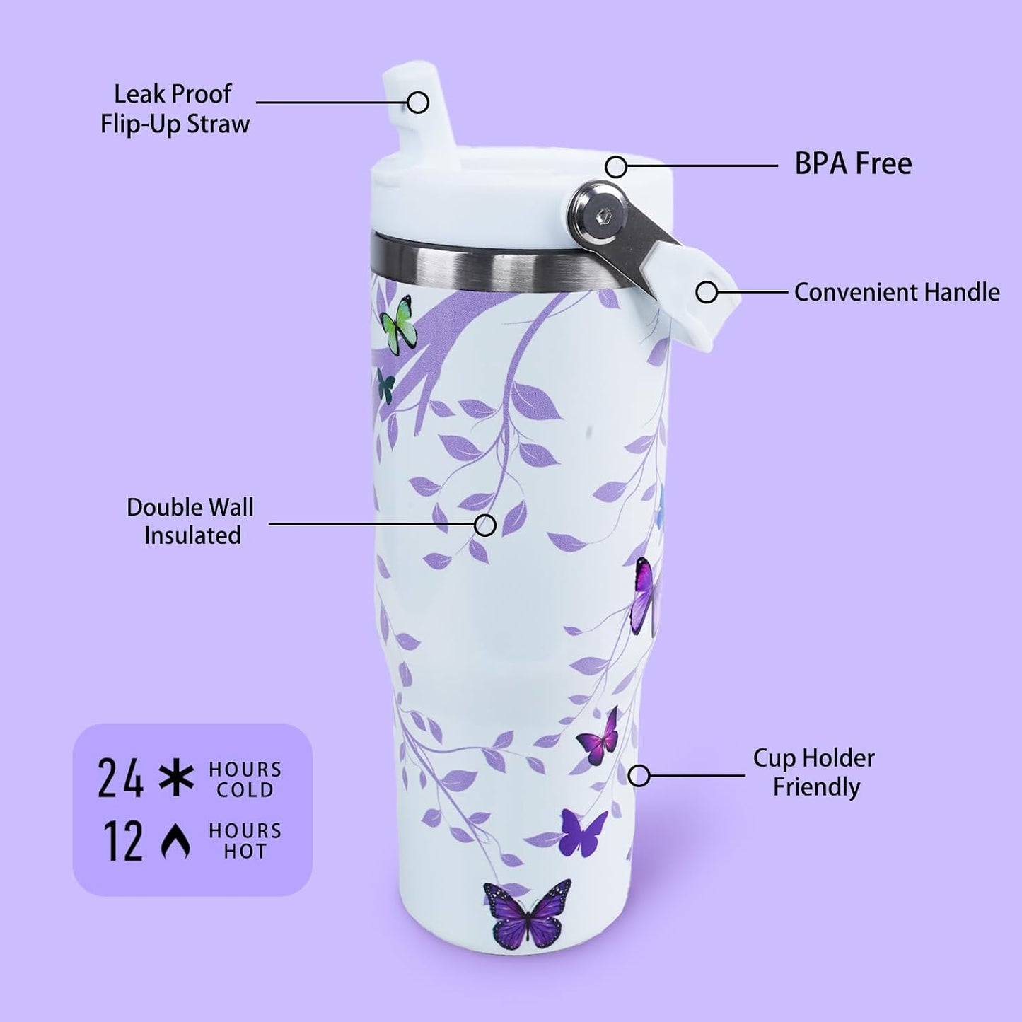 Butterfly 30 OZ Tumbler with Handle Flip Straw Lid Leak Proof | 30oz Butterfly Travel Coffee Mug Christmas Mothers Day Birthday Gifts for Women Lovers 30 Ounce Cup