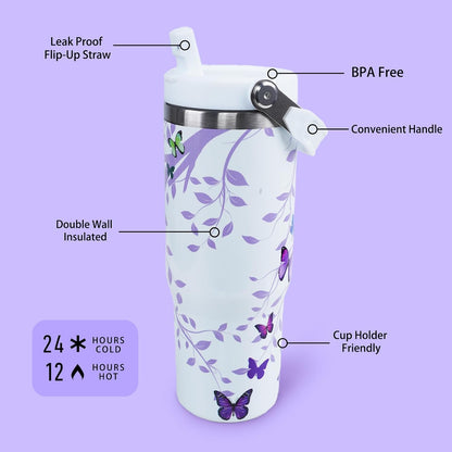 Butterfly 30 OZ Tumbler with Handle Flip Straw Lid Leak Proof | 30oz Butterfly Travel Coffee Mug Christmas Mothers Day Birthday Gifts for Women Lovers 30 Ounce Cup
