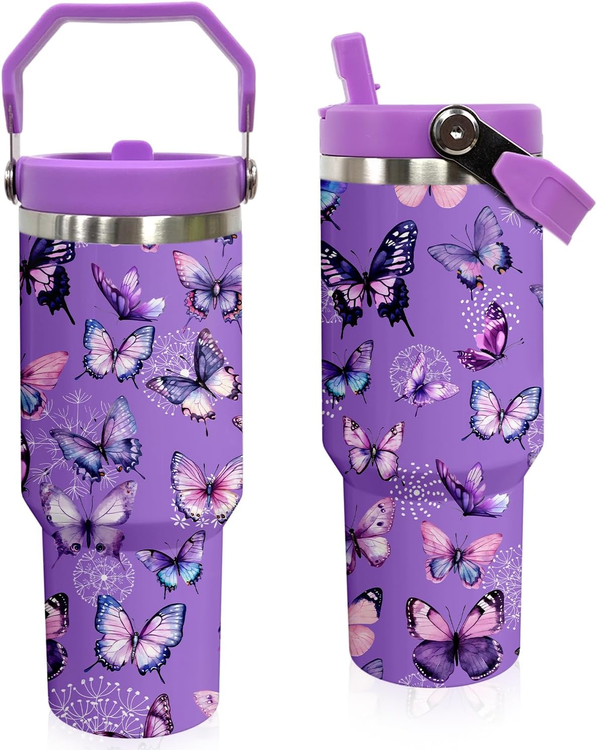 Butterfly 30 OZ Tumbler with Handle Flip Straw Lid Leak Proof | 30oz Butterfly Travel Coffee Mug Christmas Mothers Day Birthday Gifts for Women Lovers 30 Ounce Cup