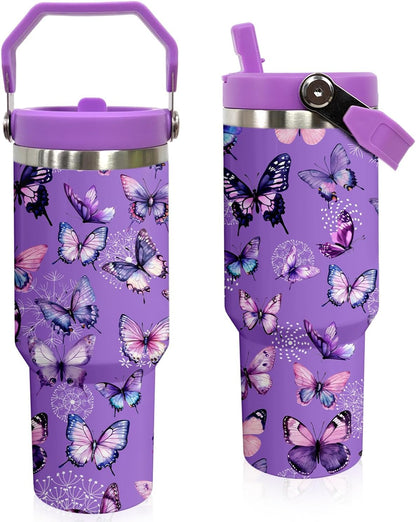 Butterfly 30 OZ Tumbler with Handle Flip Straw Lid Leak Proof | 30oz Butterfly Travel Coffee Mug Christmas Mothers Day Birthday Gifts for Women Lovers 30 Ounce Cup