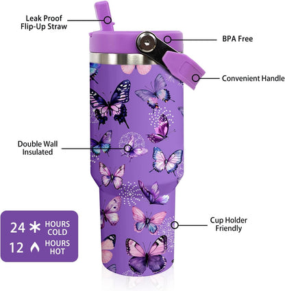Butterfly 30 OZ Tumbler with Handle Flip Straw Lid Leak Proof | 30oz Butterfly Travel Coffee Mug Christmas Mothers Day Birthday Gifts for Women Lovers 30 Ounce Cup