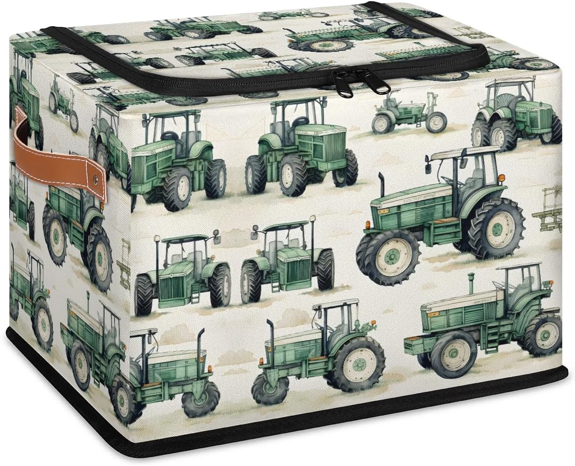 Tractor Truck Storage Bins with Zipper Lid, Collapsible Fabric Storage Basket with Leather Handles Closet Shelf Cloth Organizer Basket for Nursery Bedroom Clothes Toy