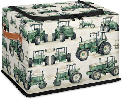 Tractor Truck Storage Bins with Zipper Lid, Collapsible Fabric Storage Basket with Leather Handles Closet Shelf Cloth Organizer Basket for Nursery Bedroom Clothes Toy