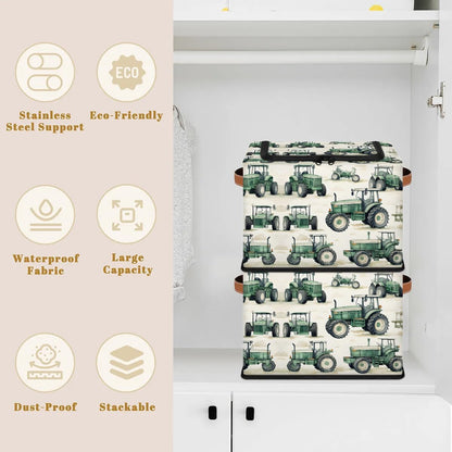 Tractor Truck Storage Bins with Zipper Lid, Collapsible Fabric Storage Basket with Leather Handles Closet Shelf Cloth Organizer Basket for Nursery Bedroom Clothes Toy