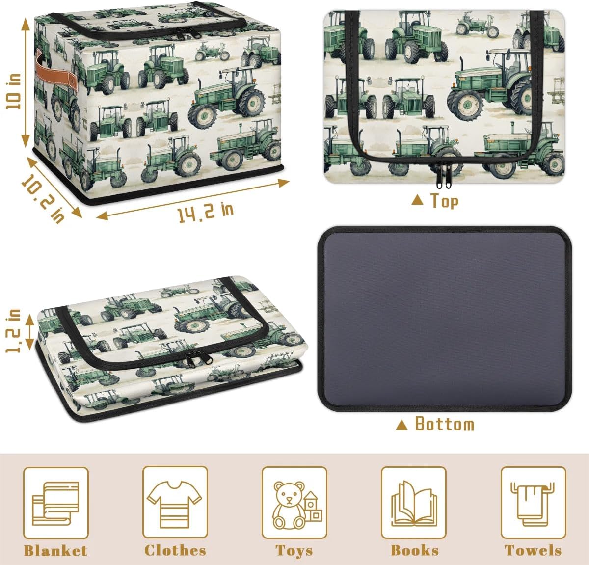 Tractor Truck Storage Bins with Zipper Lid, Collapsible Fabric Storage Basket with Leather Handles Closet Shelf Cloth Organizer Basket for Nursery Bedroom Clothes Toy