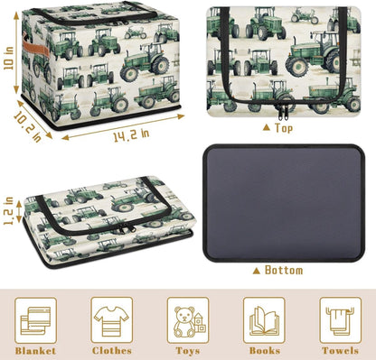 Tractor Truck Storage Bins with Zipper Lid, Collapsible Fabric Storage Basket with Leather Handles Closet Shelf Cloth Organizer Basket for Nursery Bedroom Clothes Toy