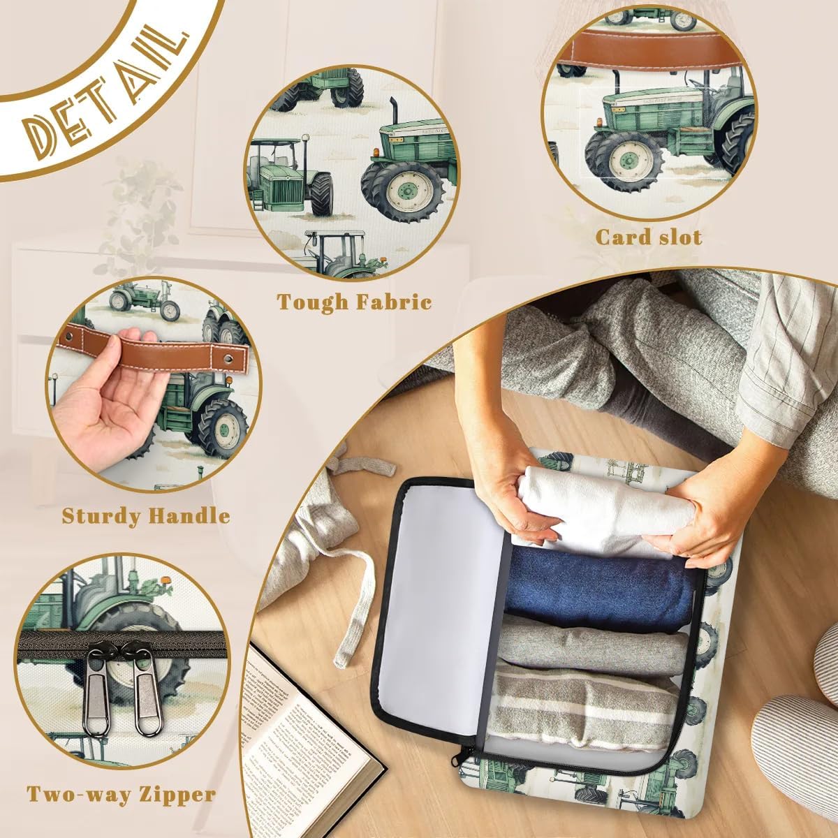 Tractor Truck Storage Bins with Zipper Lid, Collapsible Fabric Storage Basket with Leather Handles Closet Shelf Cloth Organizer Basket for Nursery Bedroom Clothes Toy