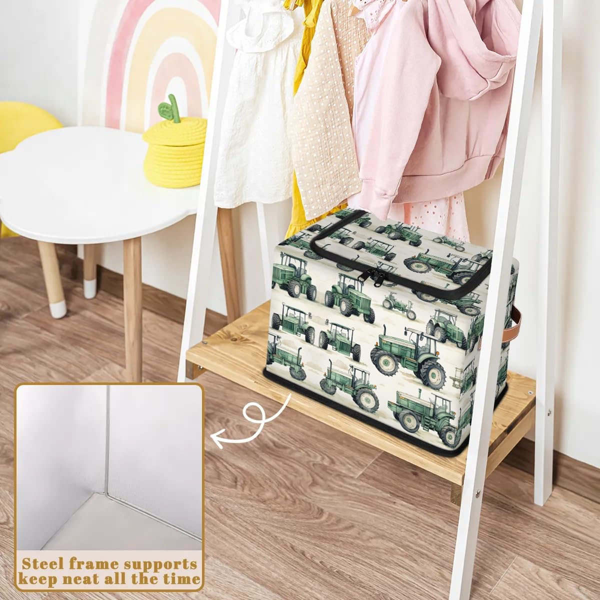 Tractor Truck Storage Bins with Zipper Lid, Collapsible Fabric Storage Basket with Leather Handles Closet Shelf Cloth Organizer Basket for Nursery Bedroom Clothes Toy
