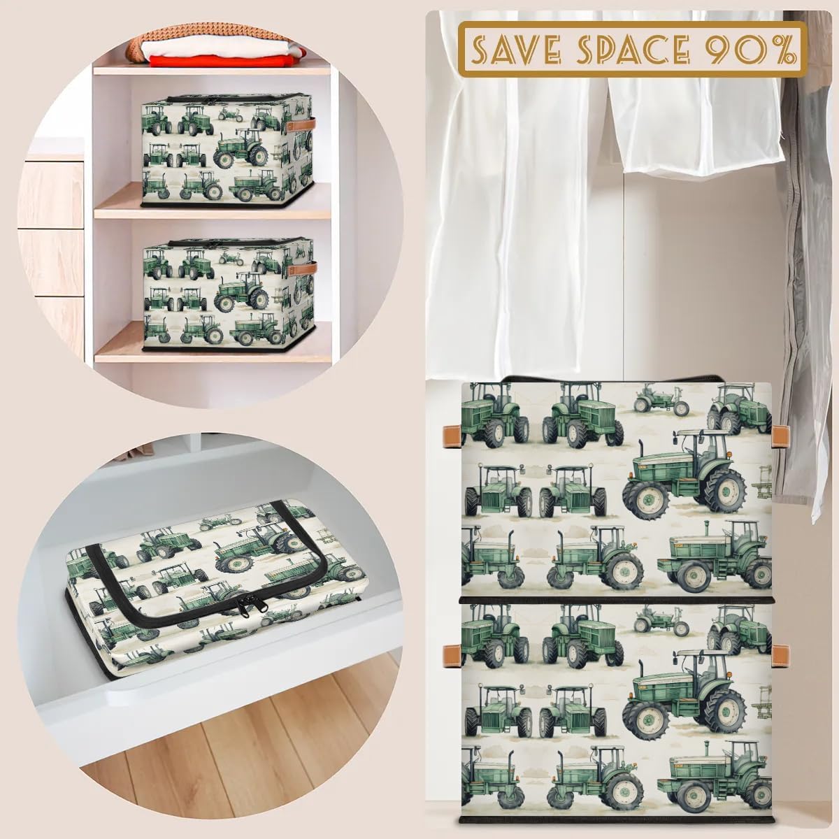 Tractor Truck Storage Bins with Zipper Lid, Collapsible Fabric Storage Basket with Leather Handles Closet Shelf Cloth Organizer Basket for Nursery Bedroom Clothes Toy