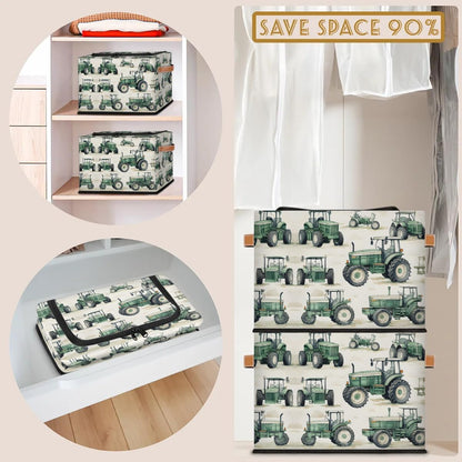 Tractor Truck Storage Bins with Zipper Lid, Collapsible Fabric Storage Basket with Leather Handles Closet Shelf Cloth Organizer Basket for Nursery Bedroom Clothes Toy
