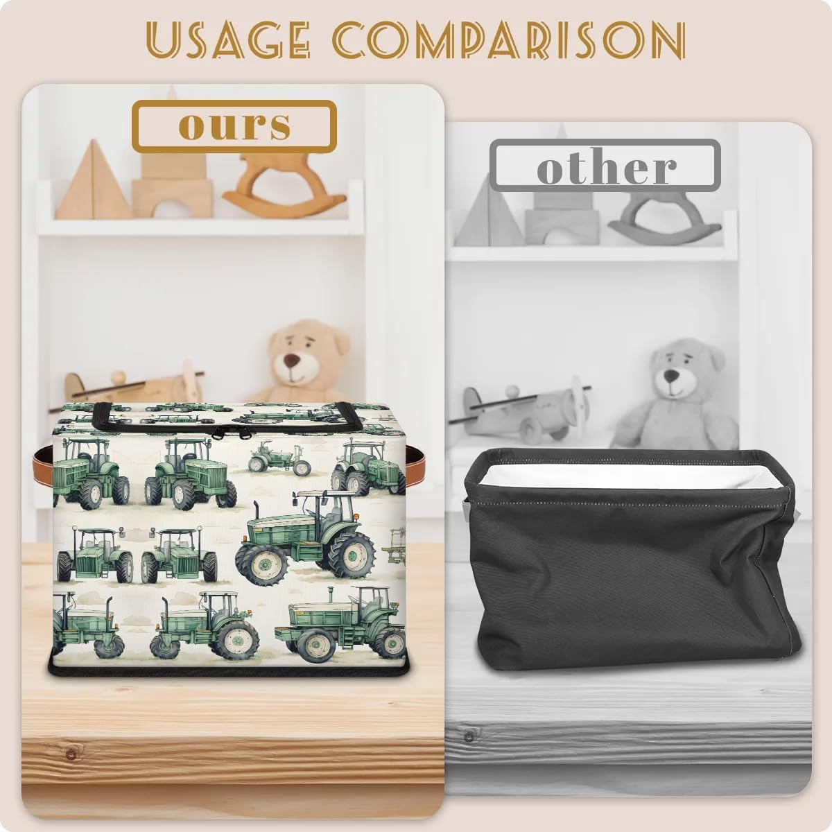 Tractor Truck Storage Bins with Zipper Lid, Collapsible Fabric Storage Basket with Leather Handles Closet Shelf Cloth Organizer Basket for Nursery Bedroom Clothes Toy