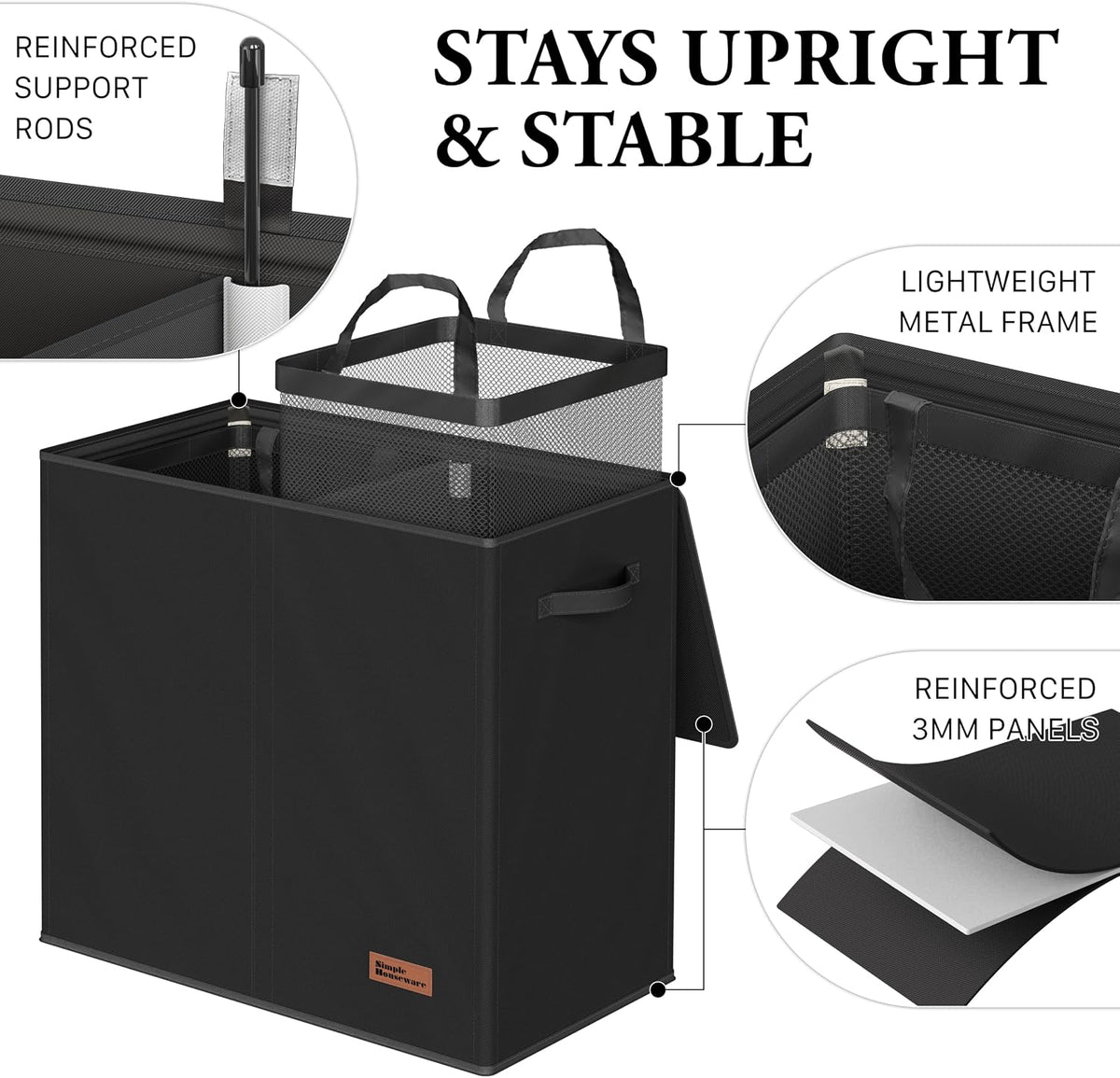 Double Laundry Hamper with Lid & Removable Bags, Dark Gray