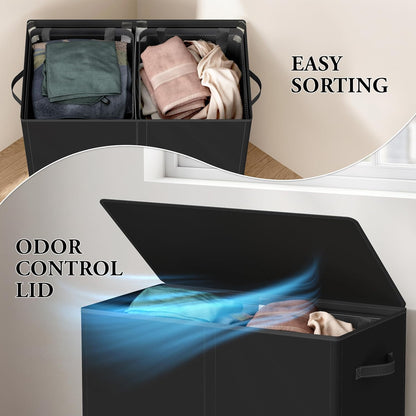 Double Laundry Hamper with Lid & Removable Bags, Dark Gray