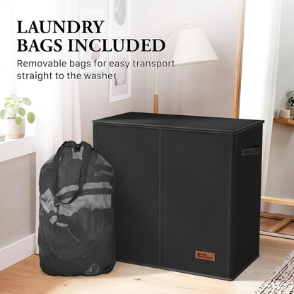 Double Laundry Hamper with Lid & Removable Bags, Dark Gray