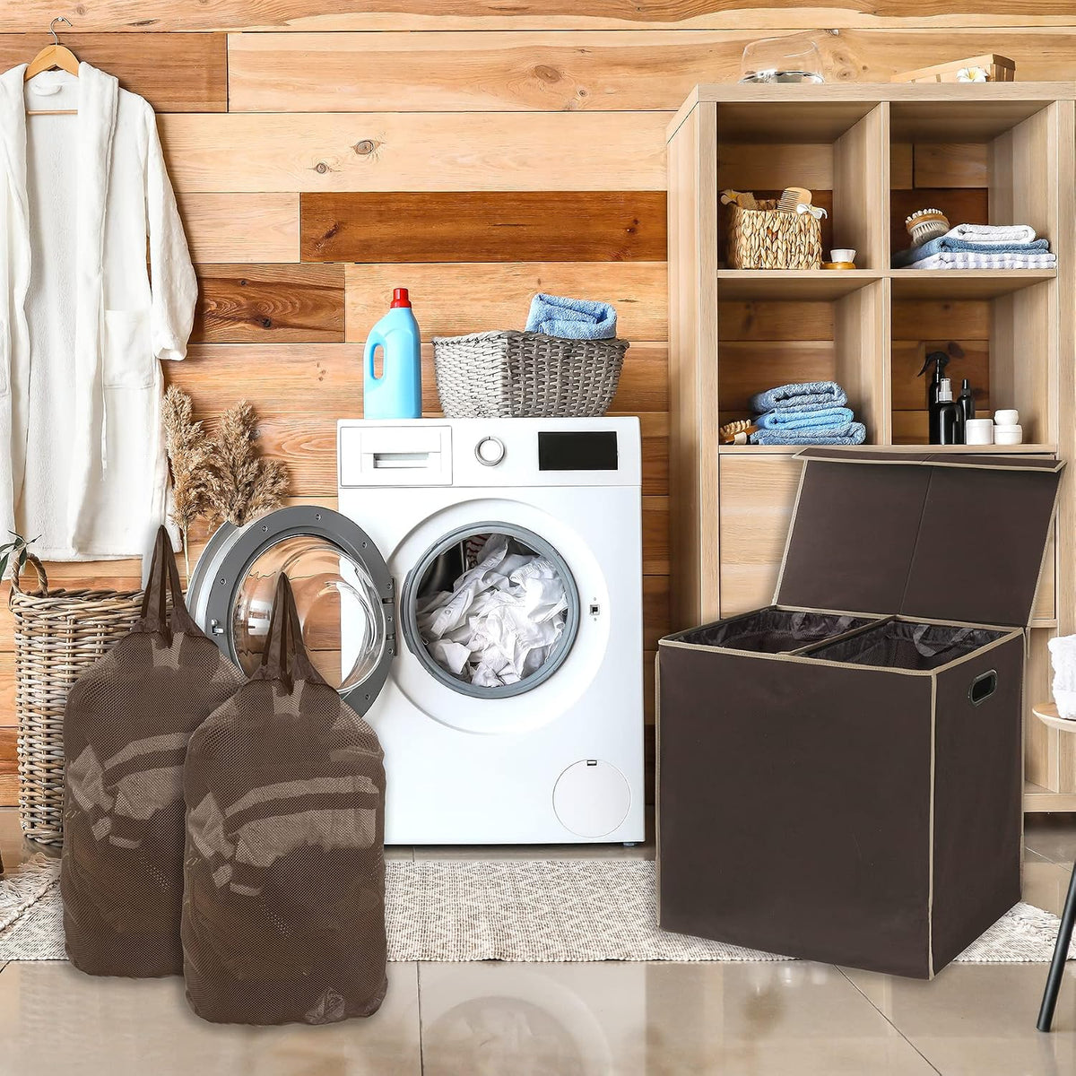 Double Laundry Hamper with Lid & Removable Bags, Dark Gray