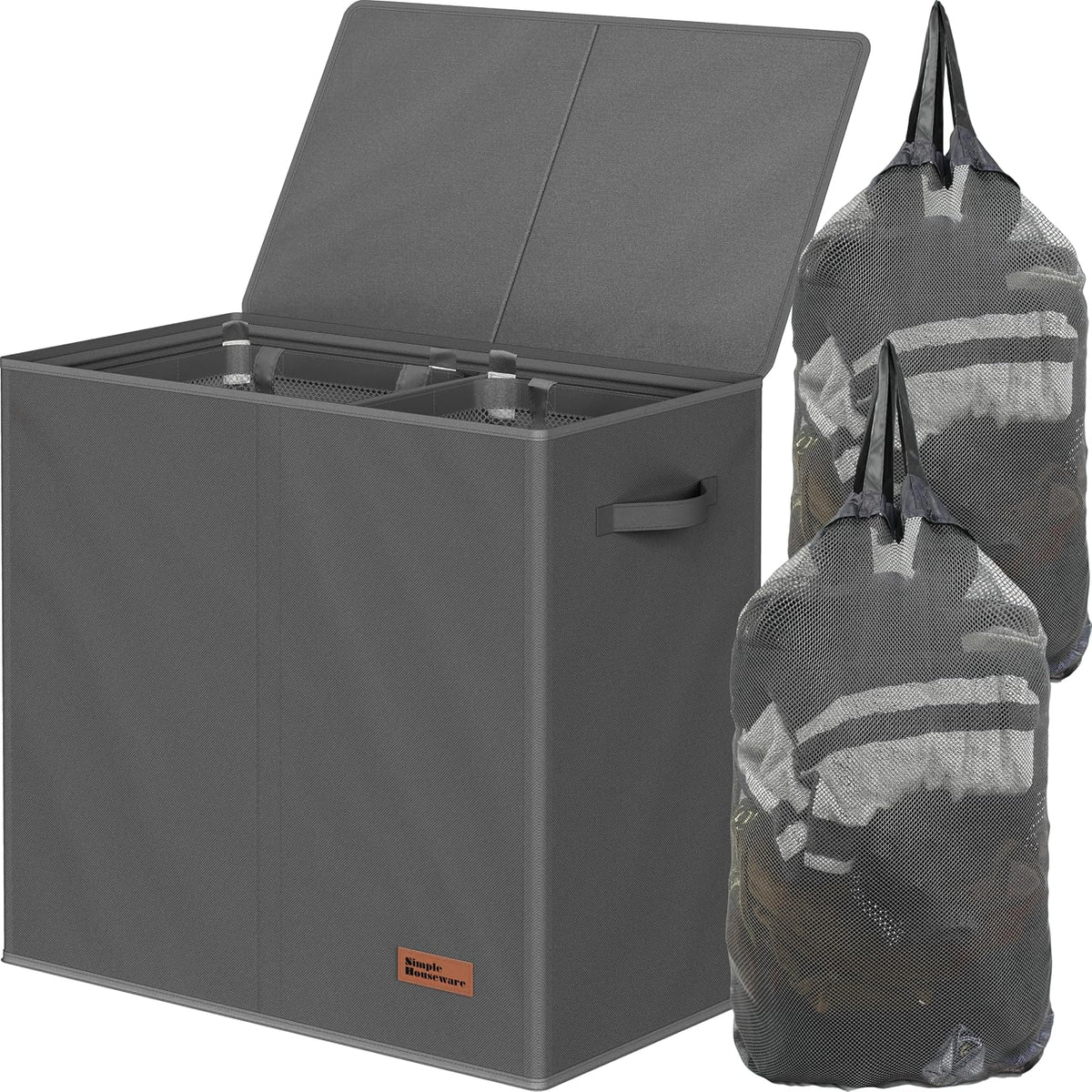 Double Laundry Hamper with Lid & Removable Bags, Dark Gray