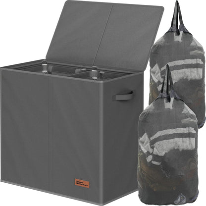 Double Laundry Hamper with Lid & Removable Bags, Dark Gray
