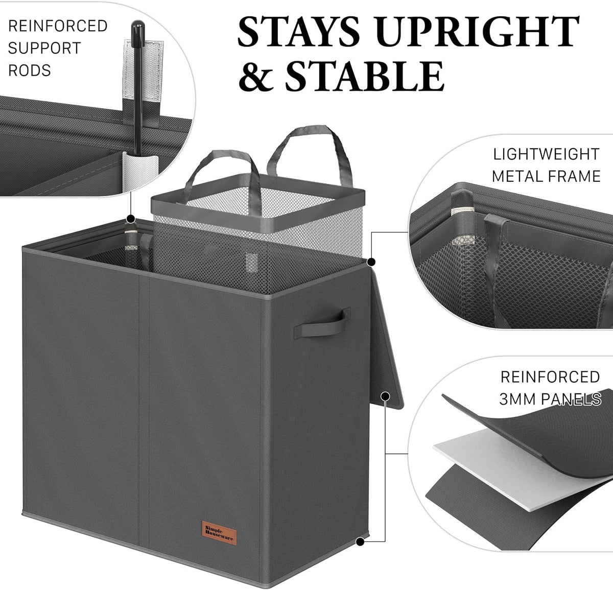 Double Laundry Hamper with Lid & Removable Bags, Dark Gray