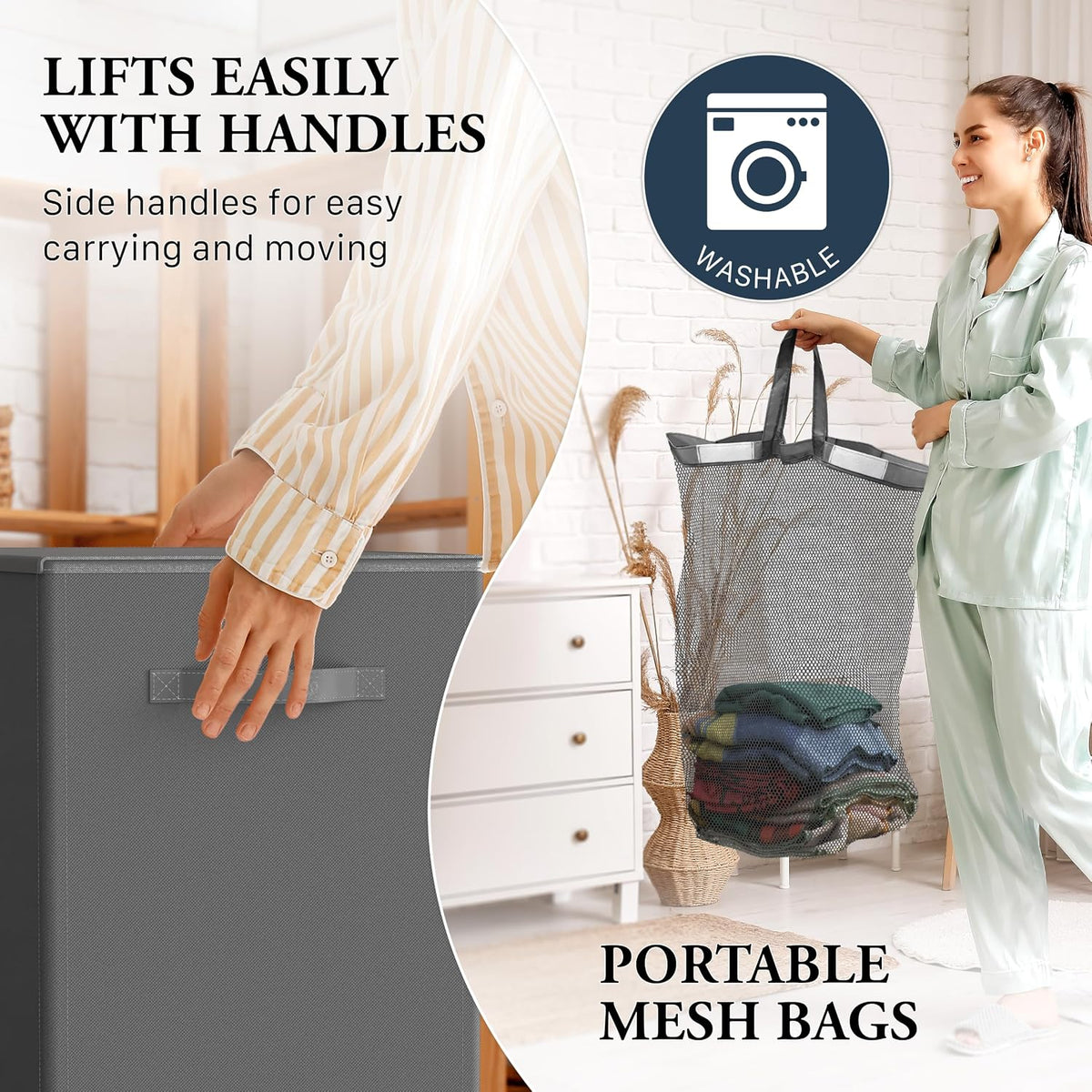 Double Laundry Hamper with Lid & Removable Bags, Dark Gray