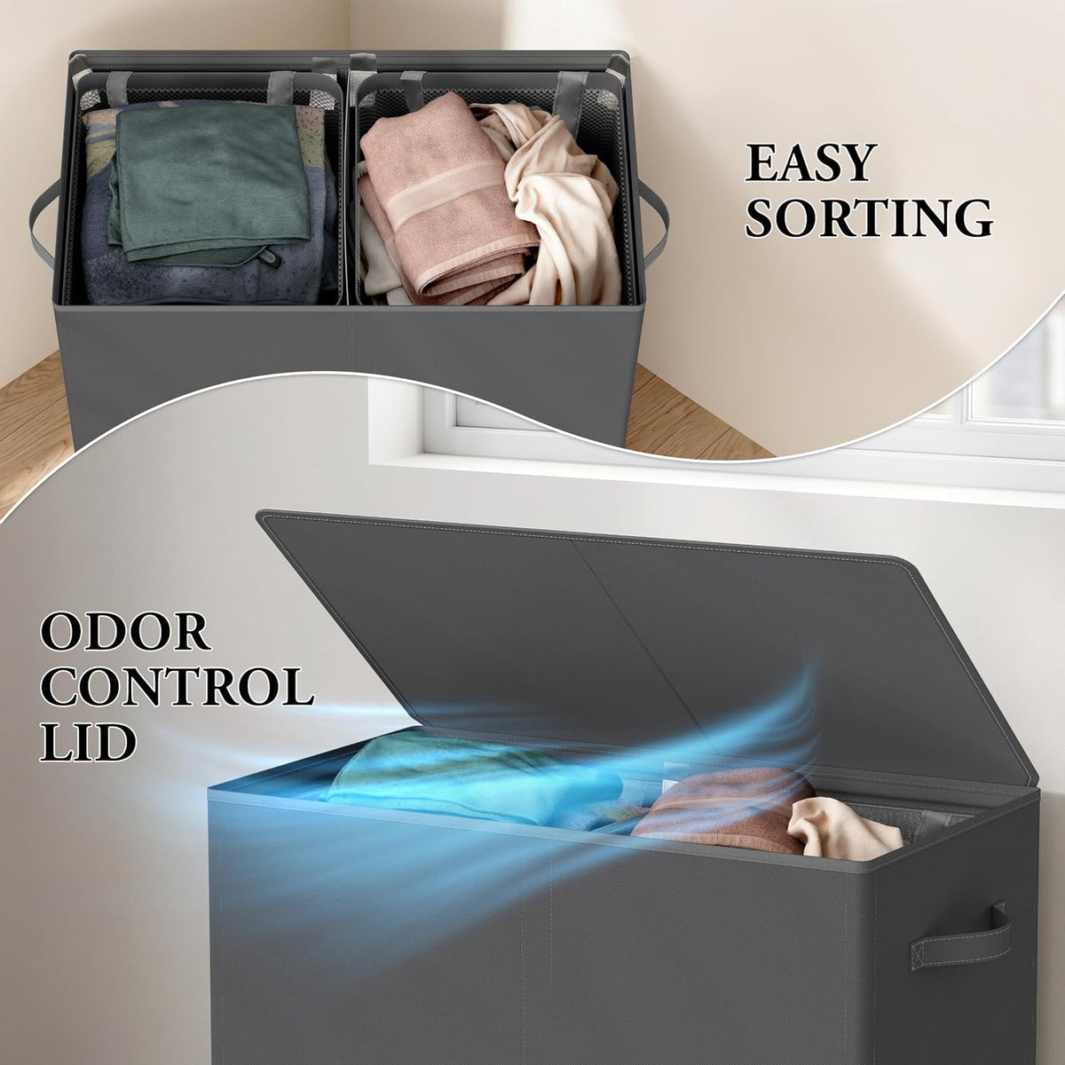 Double Laundry Hamper with Lid & Removable Bags, Dark Gray