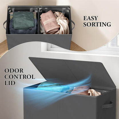 Double Laundry Hamper with Lid & Removable Bags, Dark Gray