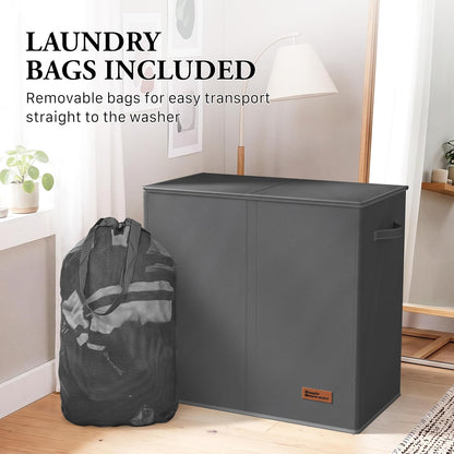 Double Laundry Hamper with Lid & Removable Bags, Dark Gray