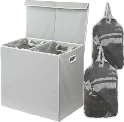 Double Laundry Hamper with Lid & Removable Bags, Dark Gray