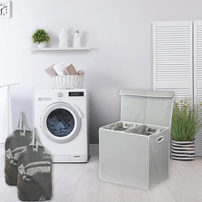 Double Laundry Hamper with Lid & Removable Bags, Dark Gray