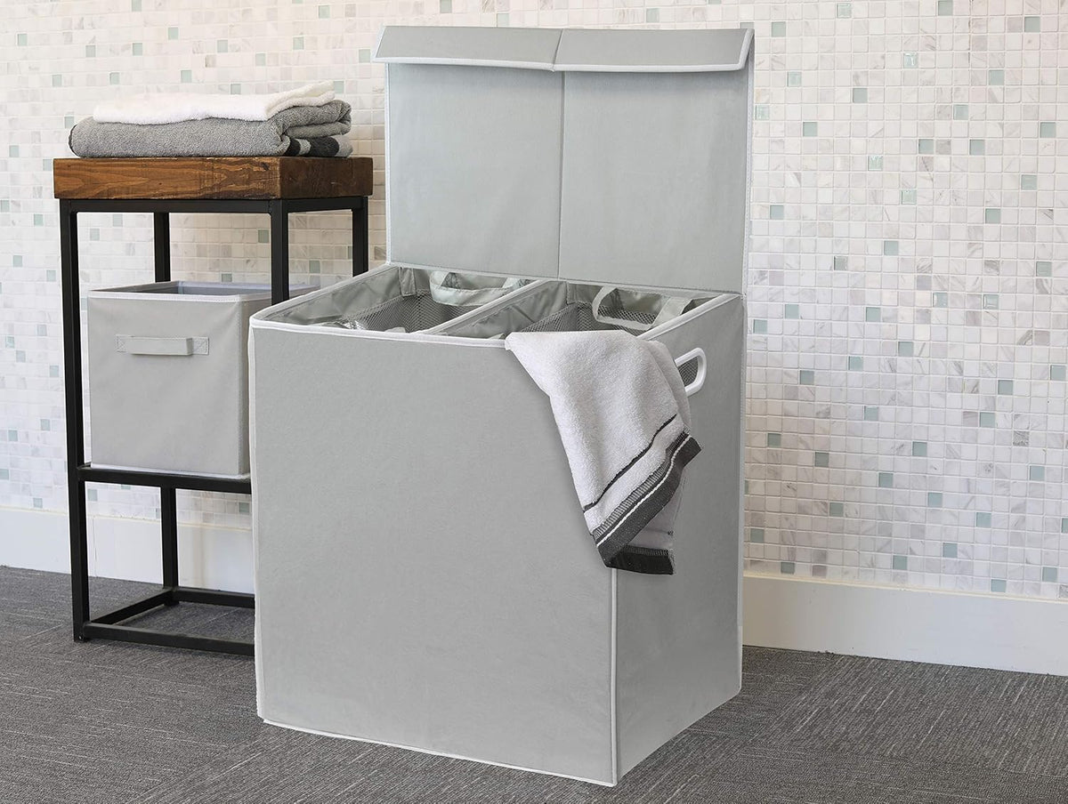 Double Laundry Hamper with Lid & Removable Bags, Dark Gray