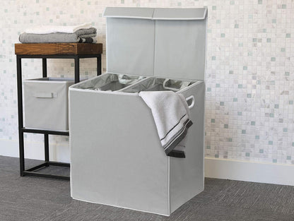 Double Laundry Hamper with Lid & Removable Bags, Dark Gray